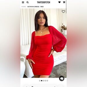 Octavia Red Ruched Mini Dress with Sheer Bishop Sleeves